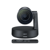 Logitech Rally PTZ camera met bijbehorende afstandsbediening op transparante achtergrond