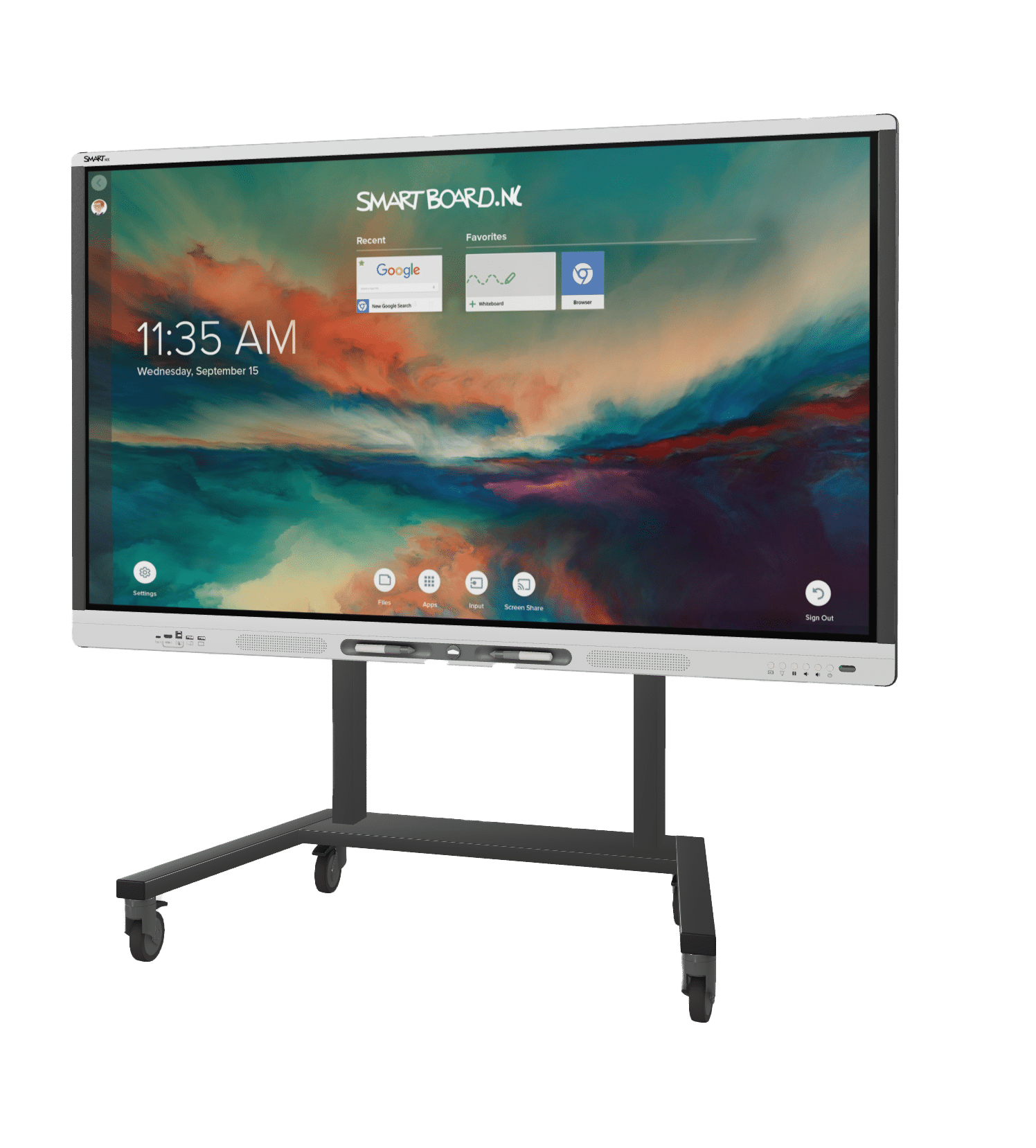 Een foto van een verrijdbaar scherm op wielen. Het scherm zelf is een SMART Board en wordt gebruikt in professionele settings.
