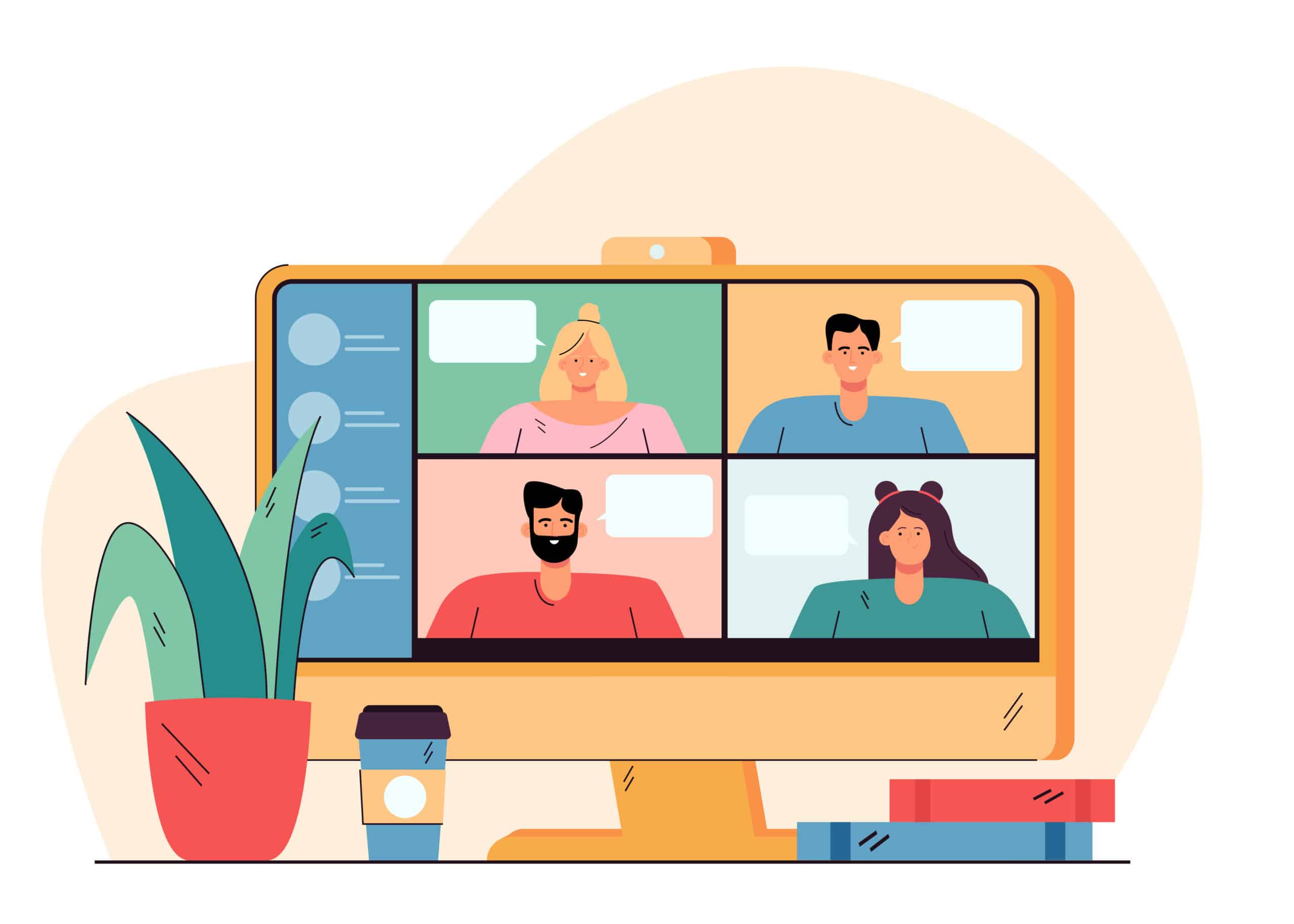 Illustratie van een hybride meeting in gang. 4 personen op een scherm getekend in kleur. Een videoconference met mensen.