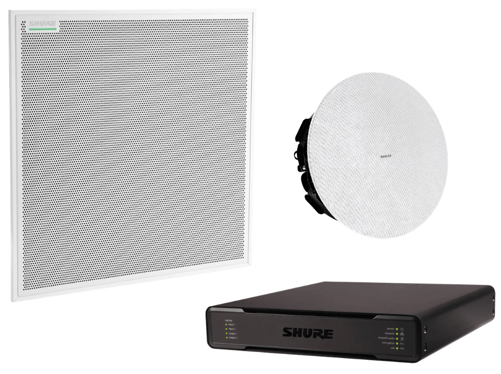 Shure inbouw wand en plafondluidspreker met Shure netwerkversterker