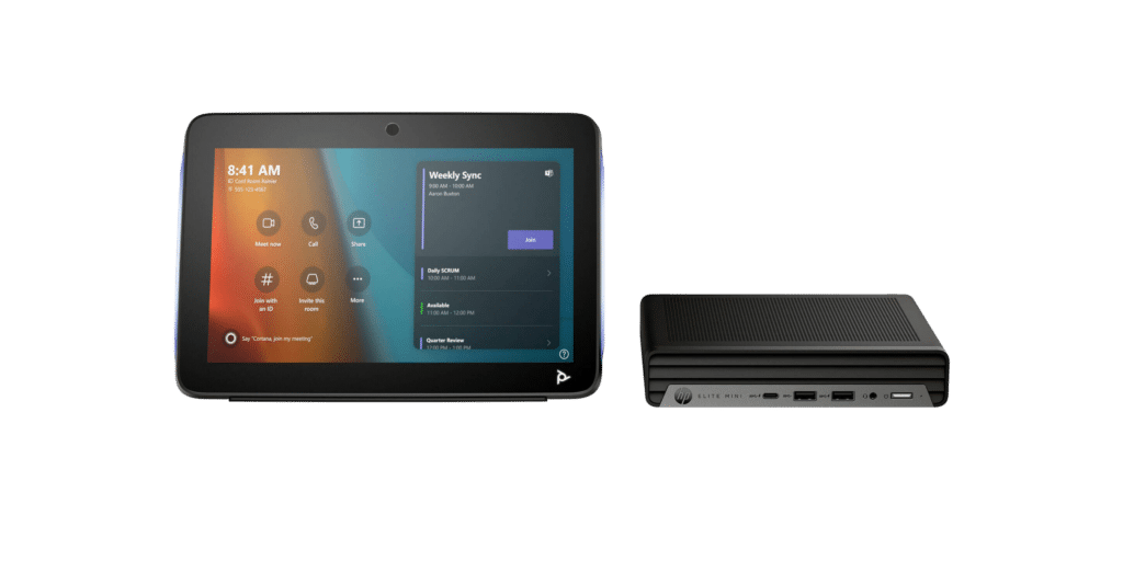 Poly Tc10 scherm met computer wat het een Poly G9+ maakt.
