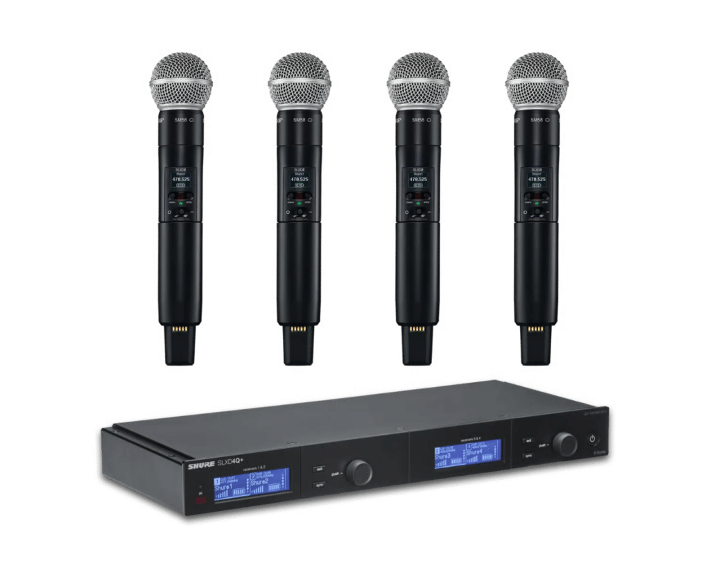 Shure SLXD4Q+ ontvanger met vier SM58 draadloze handmicrofoons