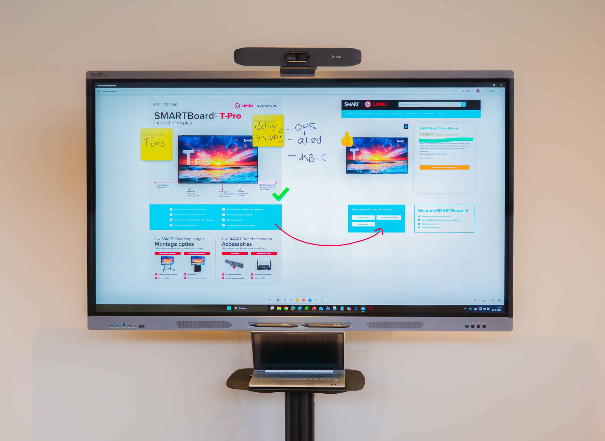 SMART Board T Pro op statief met whiteboard sessie over de T Pro productpagina van smartboard.nl