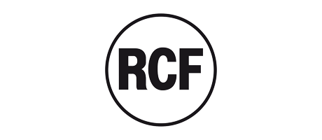 Het logo van RCF Zwarte letters in een zwarte cirkel