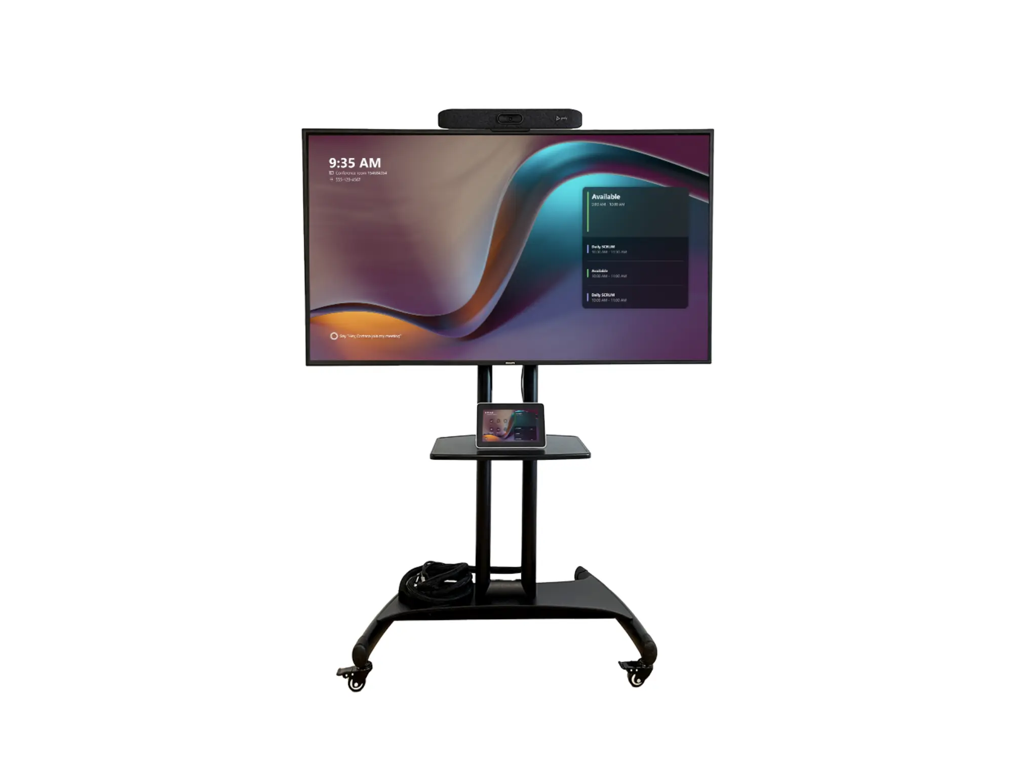 Vergaderbuddy verrijdbaar scherm, opstelling met een scherm, videobar en PCM10