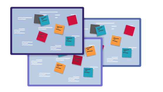 Een illustratie van 3 SMART Boards met lean planning. Hiermee kunnen teams overzichtelijk samenwerken, online.