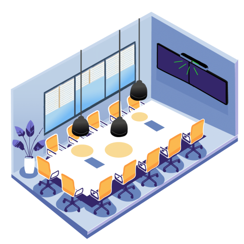 Een illustratie van een boardroom, voor onder andere videovergaderen met een interactief scherm (audiovisuele apparatuur) | Vergaderruimte inrichten