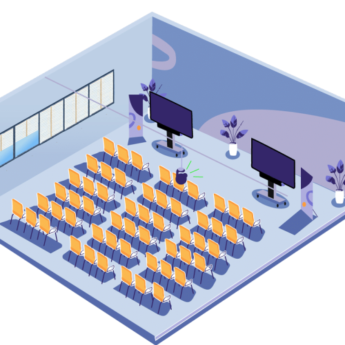 Een illustratie van een conferentiezaal, voor onder andere videovergaderen. Illustratie van een groot lokaal met een digitaal schoolbord van 86 inch