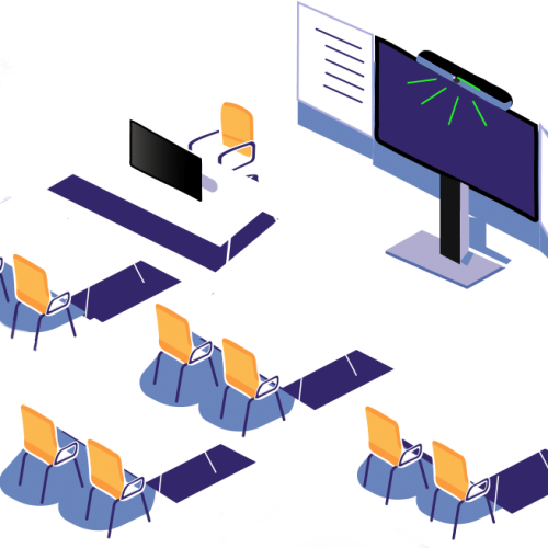 Illustratie van een klein lokaal met een digitaal schoolbord van 65 inch