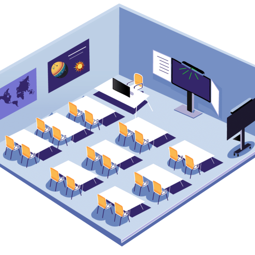 Een illustratie van een klaslokaal, voor onder andere videovergaderen. Illustratie van een gemiddeld klaslokaal met een digitaal schoolbord van 75 inch