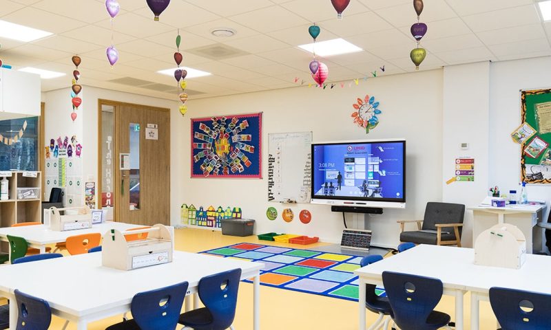 Een rijk gedecoreerd klaslokaal op de school Amity International Amsterdam, waar ze gebruik hebben gemaakt van een SMART Board / presentatiescherm voor toepassingen in het onderwijs.