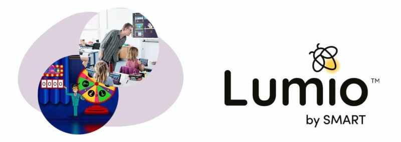 Het logo van de software Lumio van SMART, met een gele bij en links twee voorbeelden van de Lumio software.