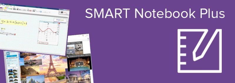 Het logo van de software SMART Notebook plus op een paarse achtergrond, met 2 voorbeelden van de software aan de linkse zijde.