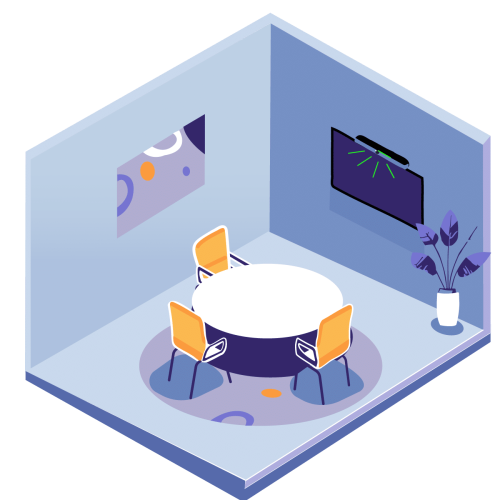 Een illustratie van een teamruimte, voor onder andere videovergaderen. Huddle room met SMART Board